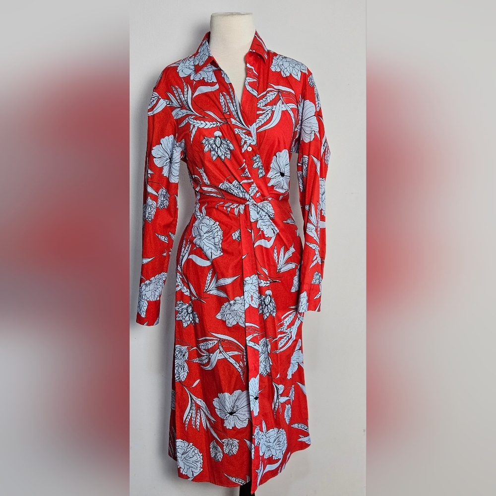 Zara Red and Blue Floral Long Sleeve Shirt Dress